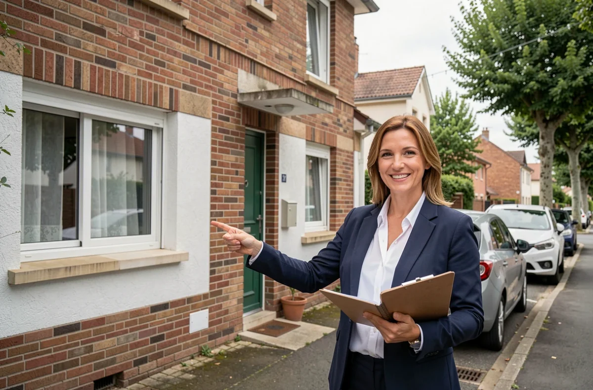 Agente immobilière devant une maison résidentielle typique à Colomiers pour assurance habitation