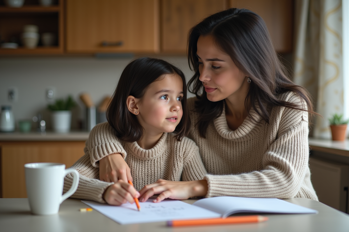 Maman adoptive et fille faisant leurs devoirs à la maison