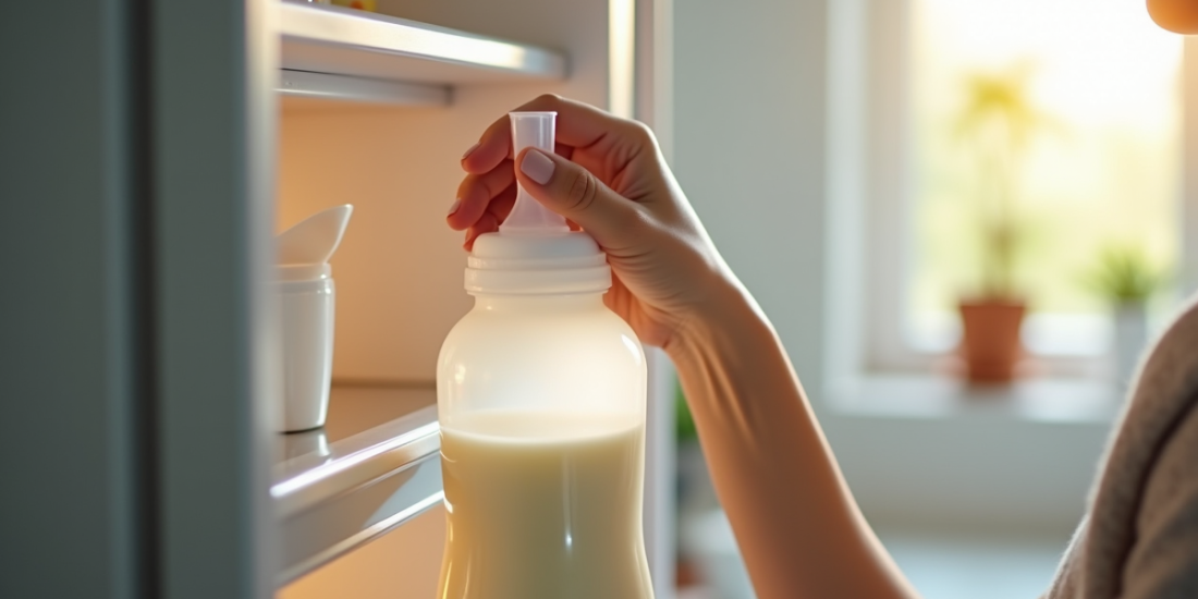 Maman rangeant du lait maternel dans le frigo lumineux