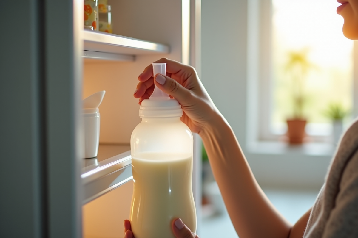 Maman rangeant du lait maternel dans le frigo lumineux