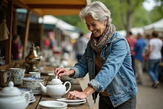 Femme souriante achetant vaisselle vintage au marché