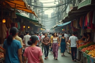 Marché bondé de Bangkok illustrant la densité de population et l'animation urbaine typique de la ville