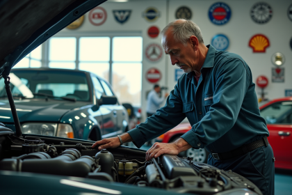 Mécanicien dans un atelier inspectant une vieille berline propre