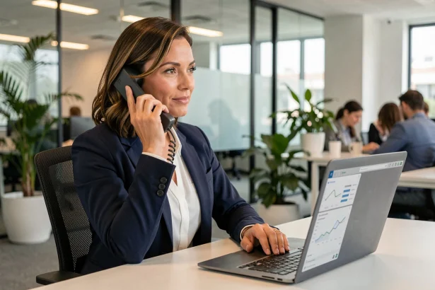 Professionnelle en blazer marine répondant à un téléphone fixe dans un bureau moderne, illustrant la gestion des appels entrants pour les entreprises Free