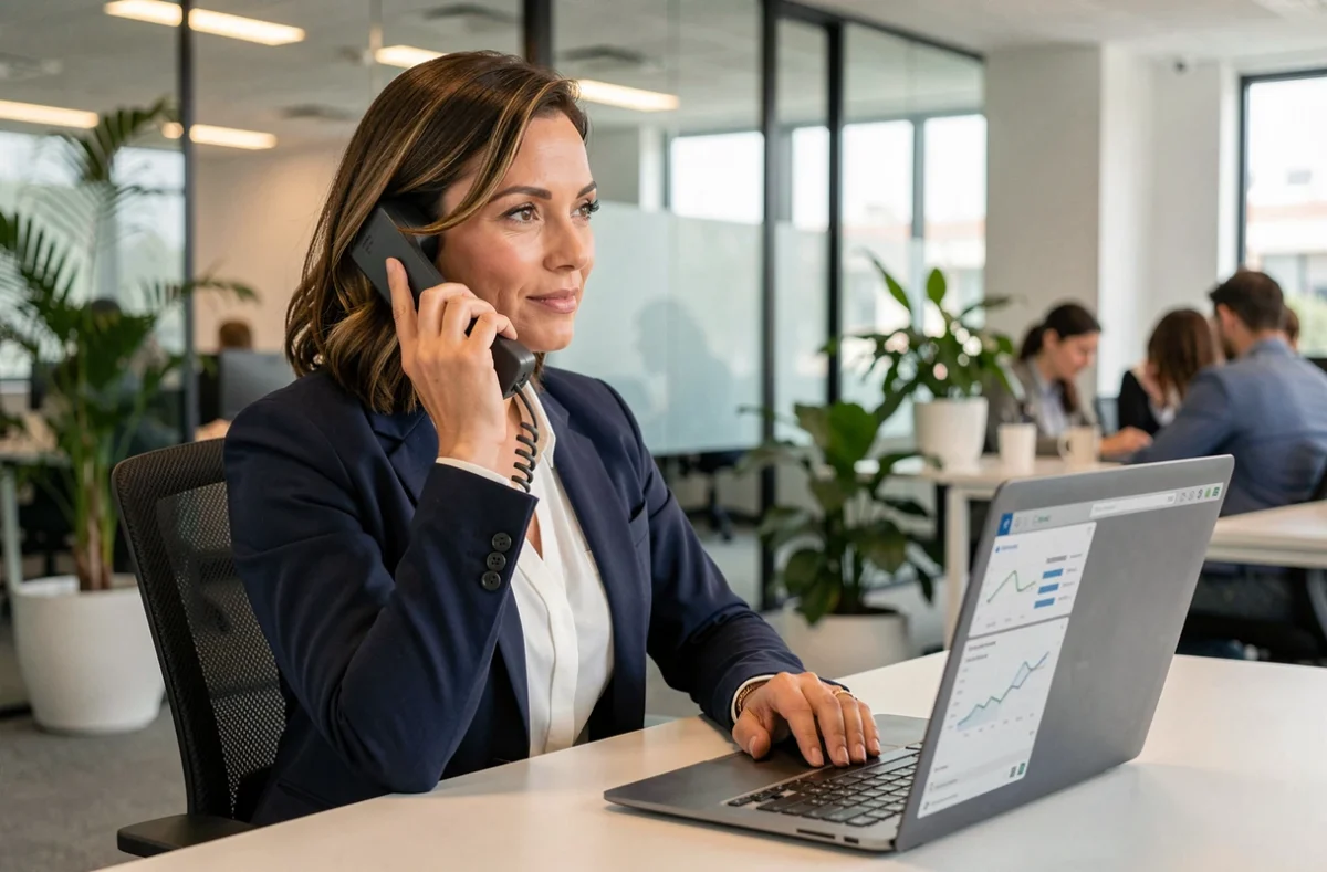 Professionnelle en blazer marine répondant à un téléphone fixe dans un bureau moderne, illustrant la gestion des appels entrants pour les entreprises Free