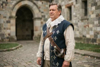 Reconstitution historique d'un mousquetaire de Louis XIV en uniforme d'époque dans une cour de forteresse en pierre du XVIIe siècle