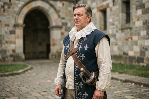 Reconstitution historique d'un mousquetaire de Louis XIV en uniforme d'époque dans une cour de forteresse en pierre du XVIIe siècle