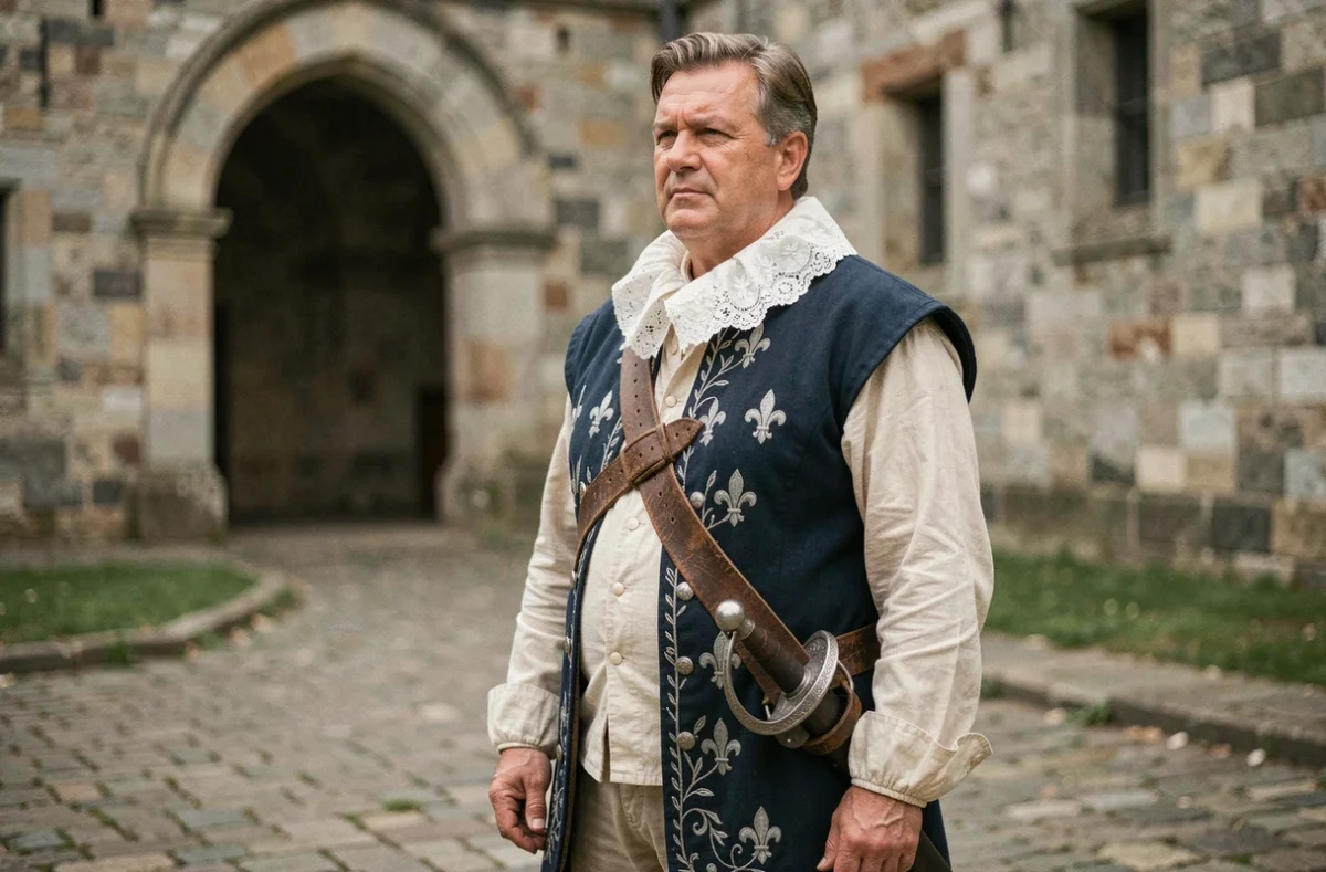 Reconstitution historique d'un mousquetaire de Louis XIV en uniforme d'époque dans une cour de forteresse en pierre du XVIIe siècle