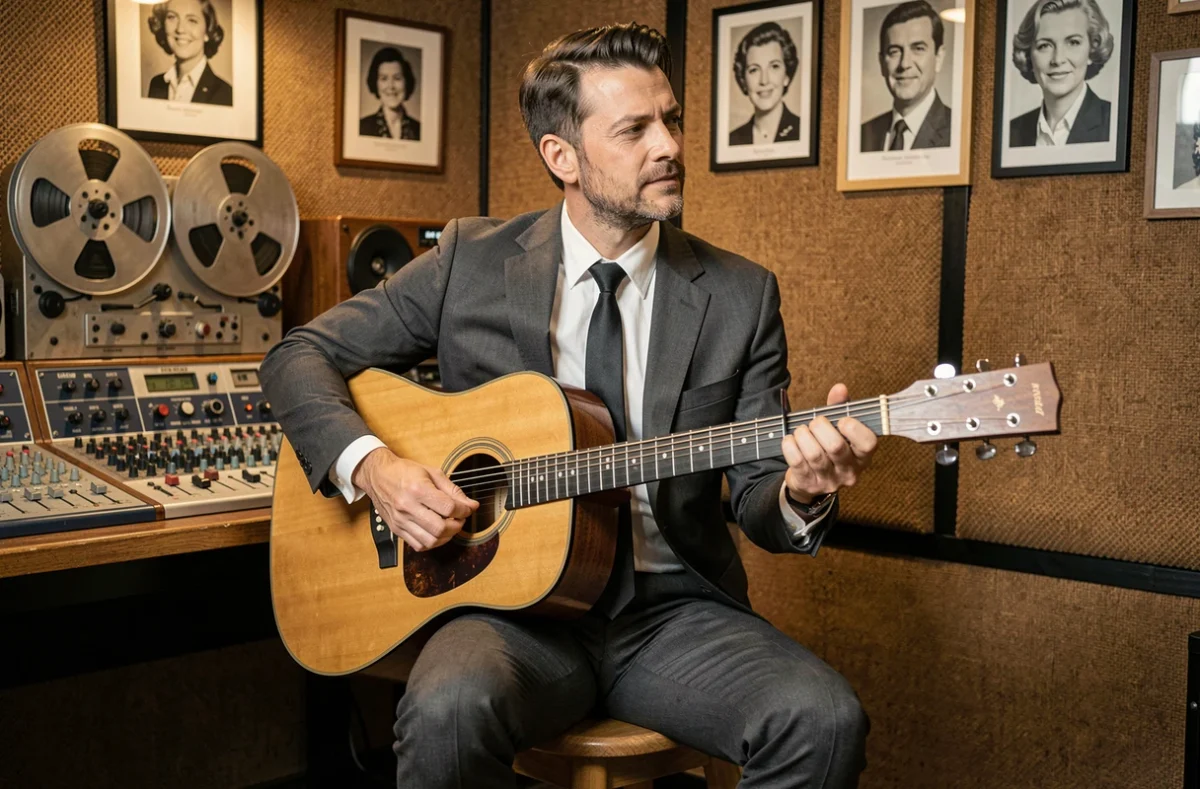 Musicien en costume années 60 jouant de la guitare acoustique dans un studio d'enregistrement vintage évoquant la chanson française