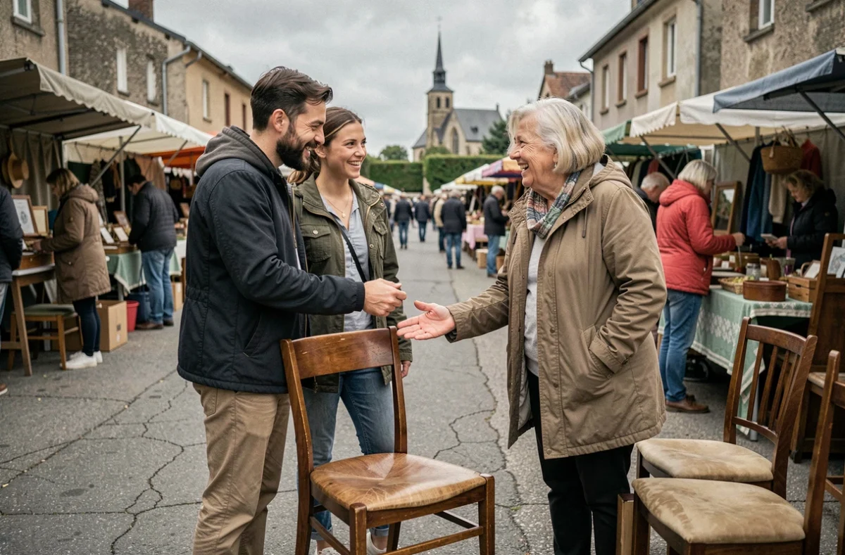 Couple négociant le prix d'une chaise ancienne avec une vendeuse dans une brocante du 54 en plein air