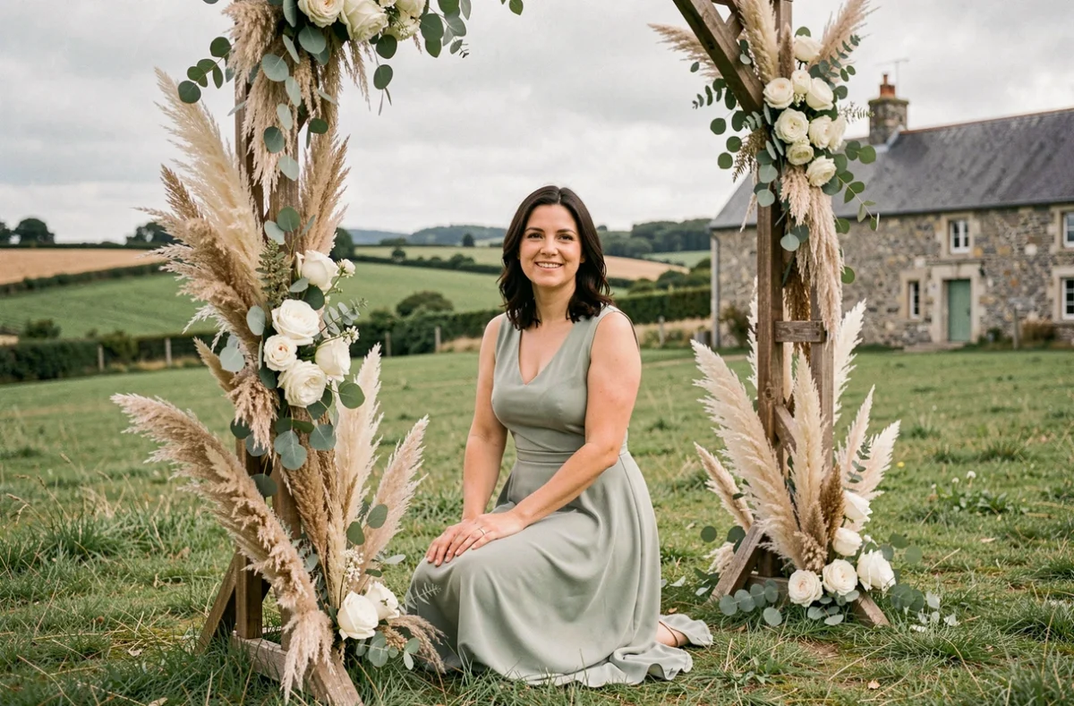 Wedding planner de Nos Instants Précieux arrangeant une arche florale rustique dans un cadre champêtre des Côtes-d'Armor