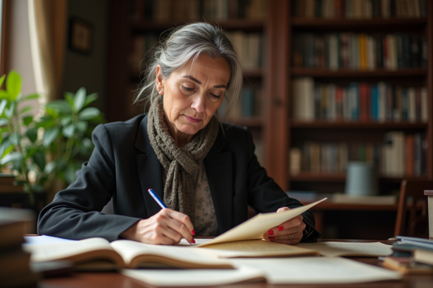 Femme d'âge moyen examinant des documents juridiques dans un bureau