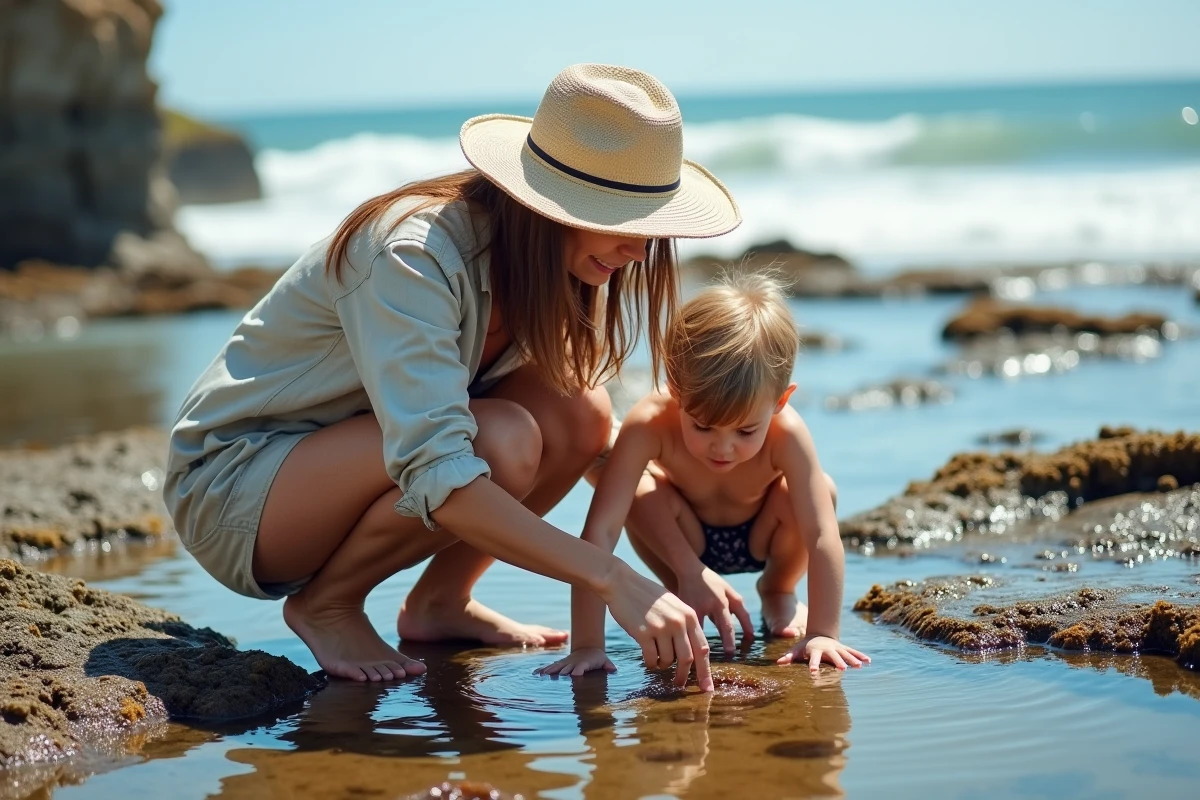Mère et fils découvrant les piscines naturelles dans les rochers à marée basse à Saint-Hilaire-de-Riez en toute sécurité