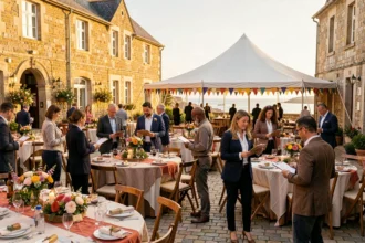 Vue d'ensemble d'un événement organisé en Bretagne avec des professionnels coordonnant une réception en plein air sous une tente décorée
