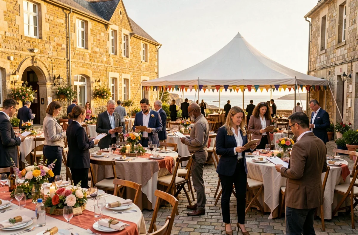 Vue d'ensemble d'un événement organisé en Bretagne avec des professionnels coordonnant une réception en plein air sous une tente décorée