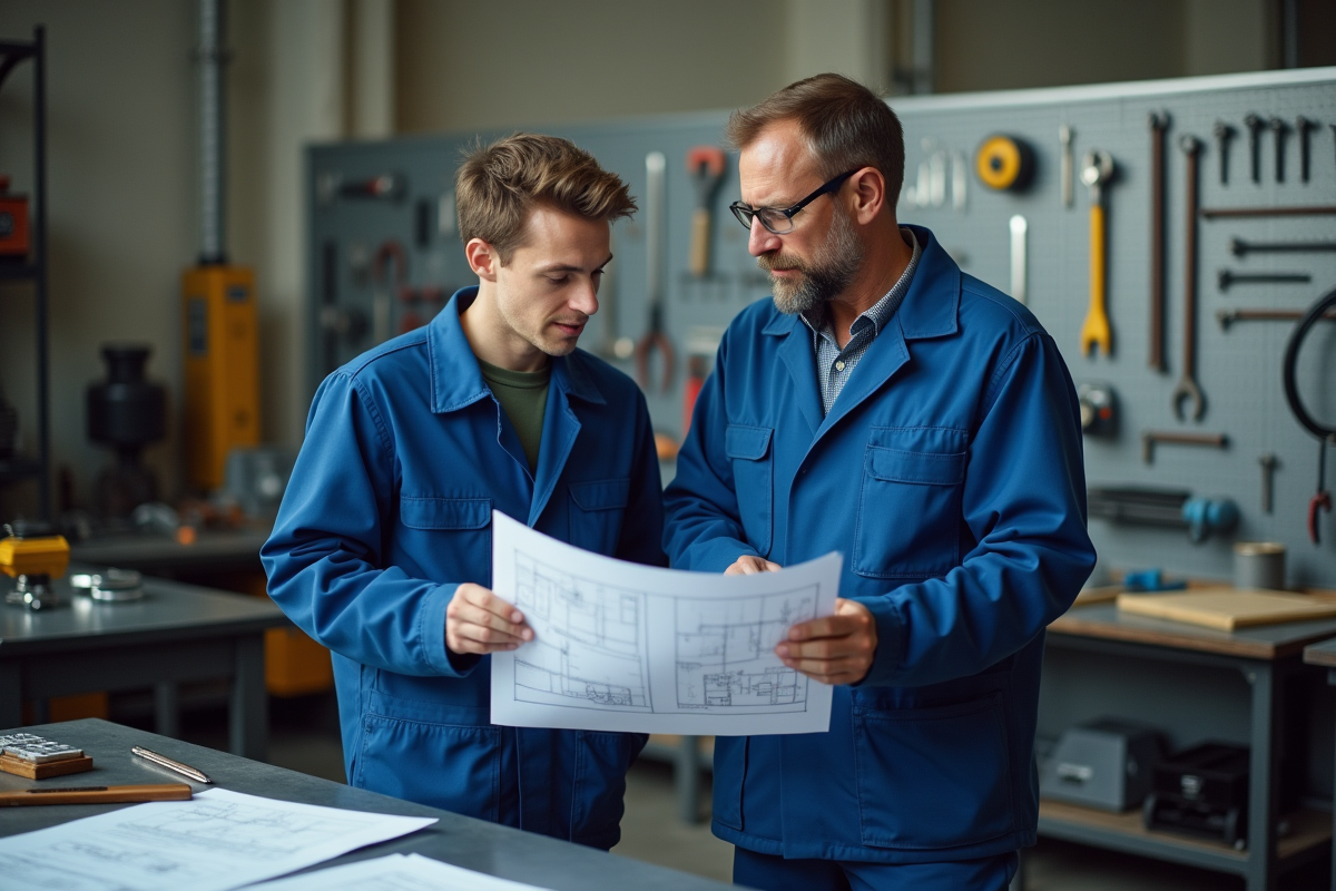Ouvrier en atelier avec blueprints et outils