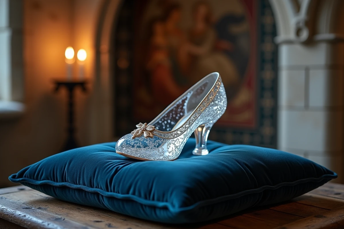 Pantoufle de verre transparente posée sur un coussin de velours bleu nuit dans une antichambre médiévale, symbole clé du conte Cendrillon de Charles Perrault