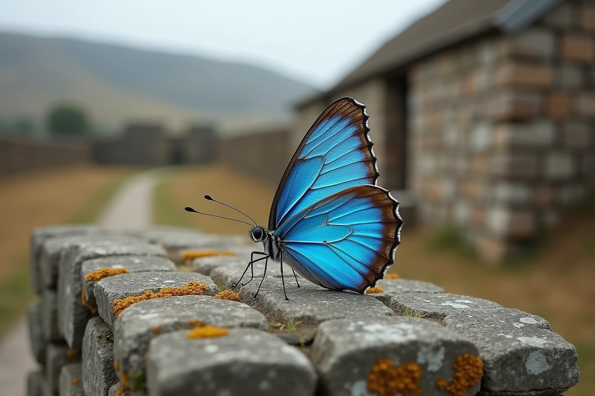 Papillon bleu aux ailes déployées sur un vieux mur de pierre recouvert de lichen, évoquant un message symbolique et spirituel