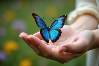 Papillon bleu morpho posé sur la paume d'une femme dans un jardin naturel, symbolisant un message spirituel positif