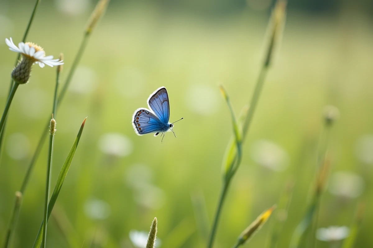 Papillon bleu en plein vol au-dessus d'une prairie fleurie en été, illustrant la liberté et les interprétations symboliques positives