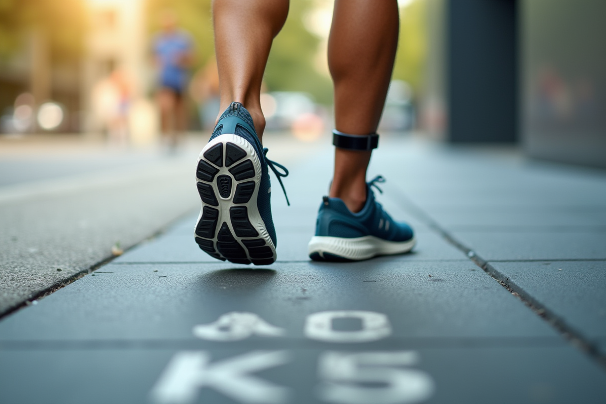 Pieds en chaussures de sport sur trottoir urbain avec marquage kilométrique