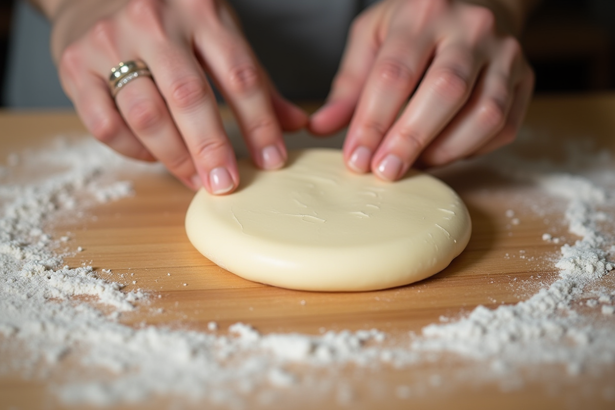 Pâte d'amande fraîche façonnée à la main sur une surface farinée