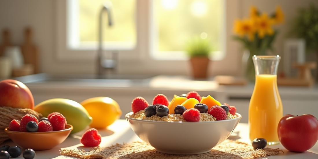 Petit déjeuner avec fruits et flocons d'avoine dans une cuisine lumineuse