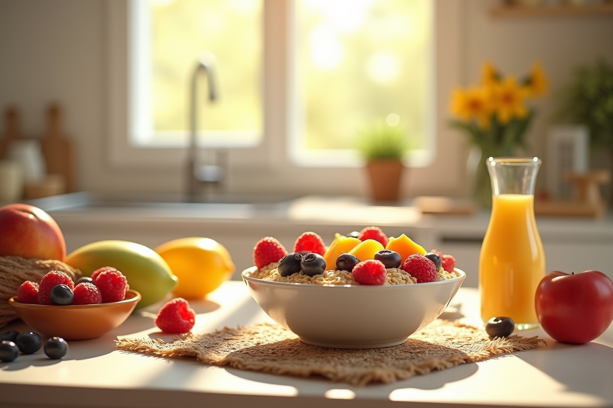 Petit déjeuner avec fruits et flocons d'avoine dans une cuisine lumineuse