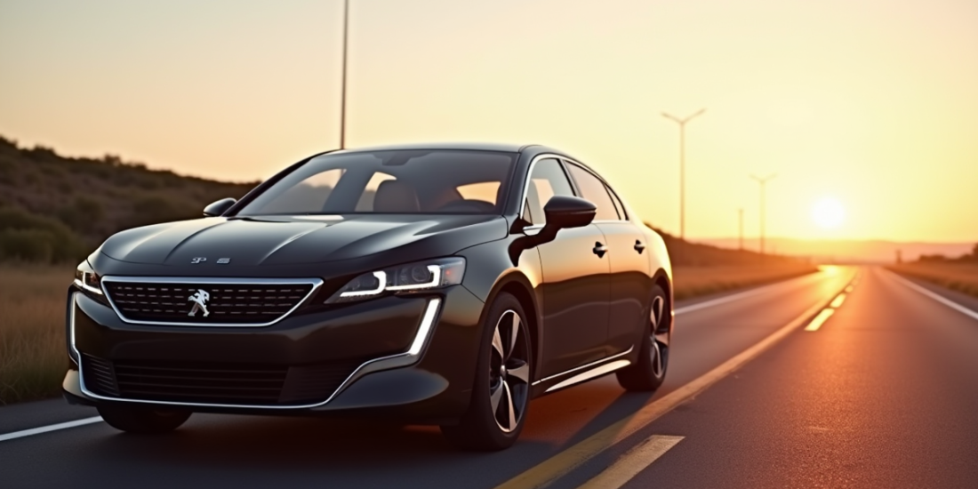 Peugeot 508 PSE au lever du soleil sur route vide