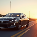 Peugeot 508 PSE au lever du soleil sur route vide