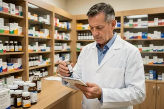 Pharmacien professionnel en blouse blanche examinant un flacon de médicament derrière un comptoir de pharmacie bien organisé