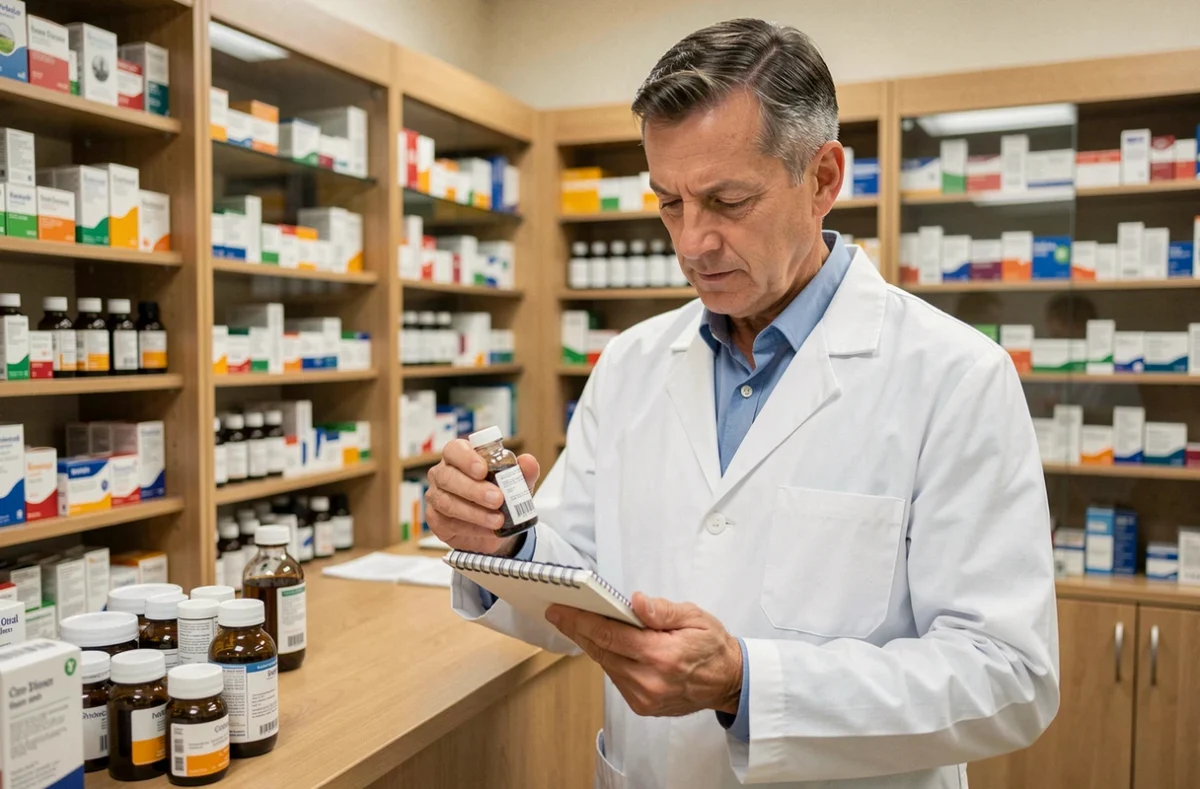 Pharmacien professionnel en blouse blanche examinant un flacon de médicament derrière un comptoir de pharmacie bien organisé