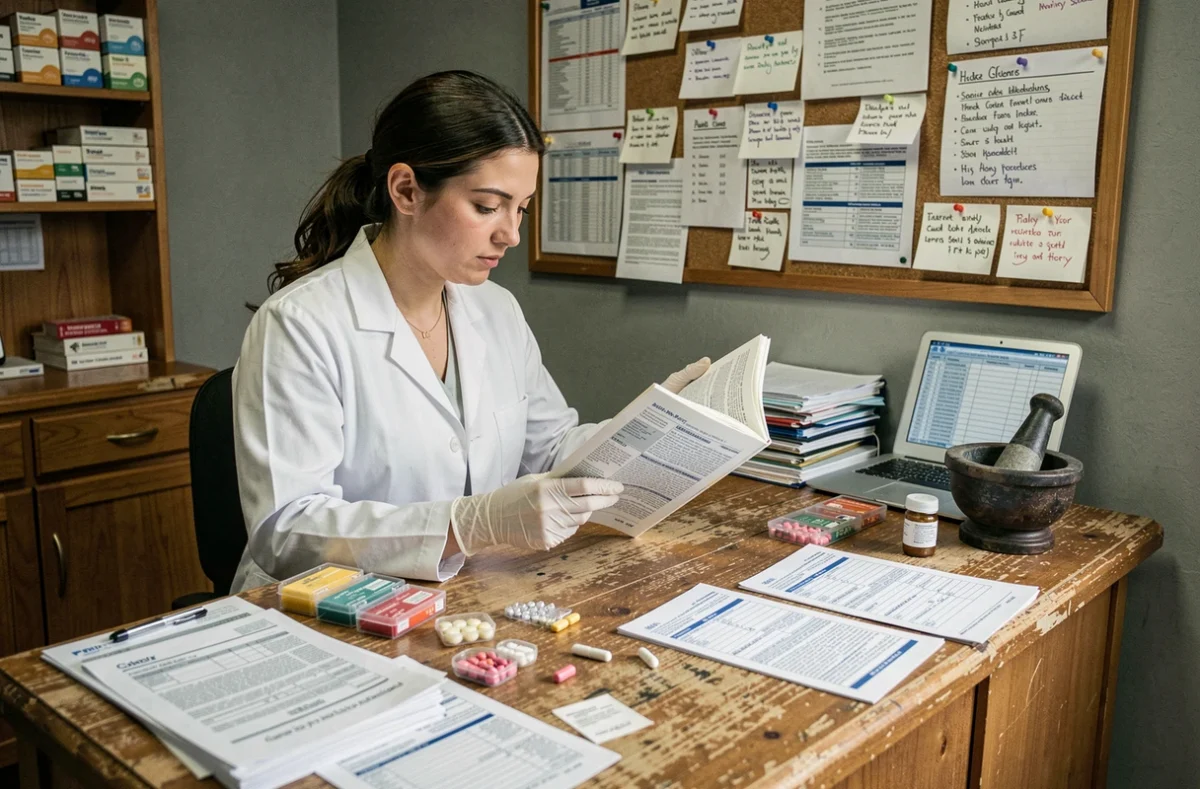 Pharmacienne consultant un guide médical dans un bureau d'arrière-boutique avec des fiches de prescription et des organisateurs de pilules