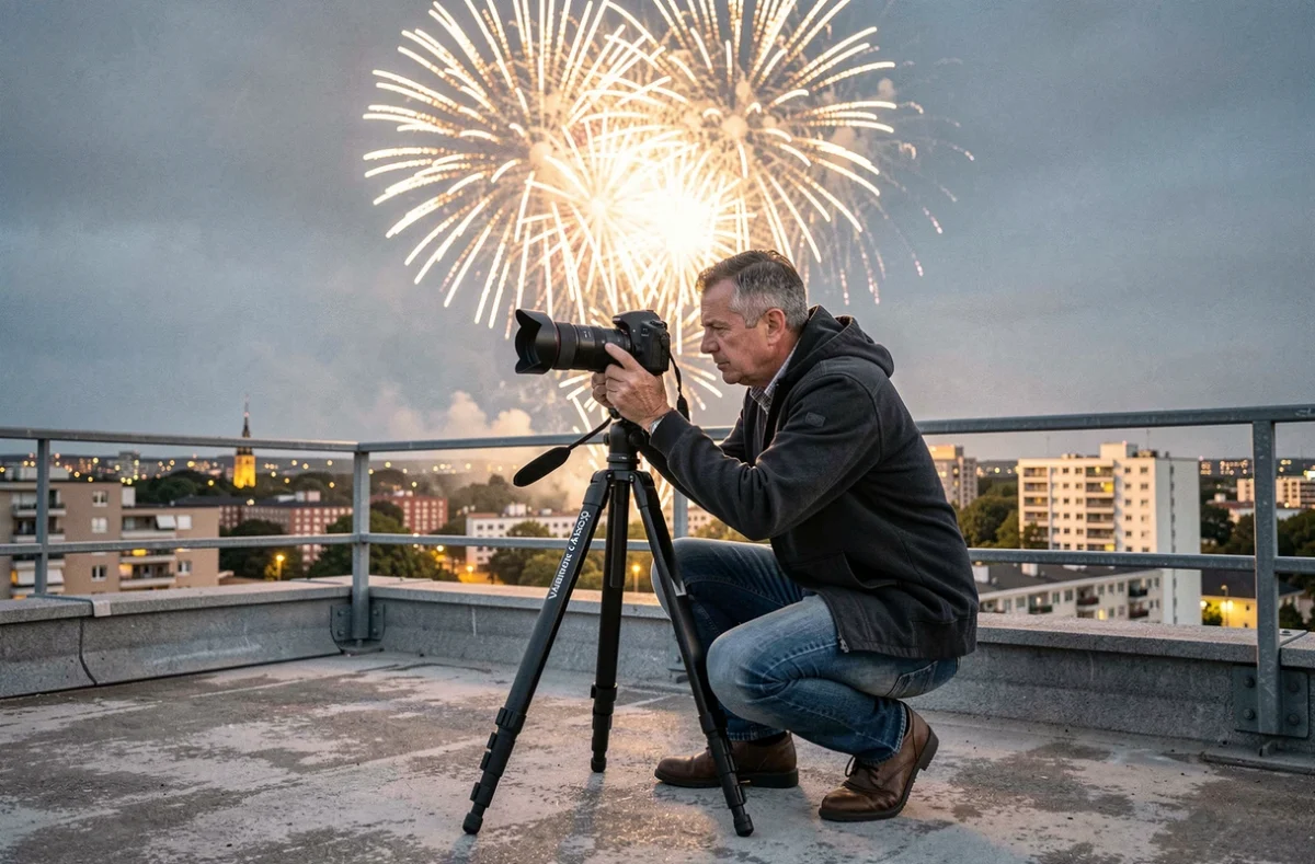Photographe professionnel sur un rooftop à Villeneuve d'Ascq capturant le feu d'artifice du 14 juillet avec un trépied