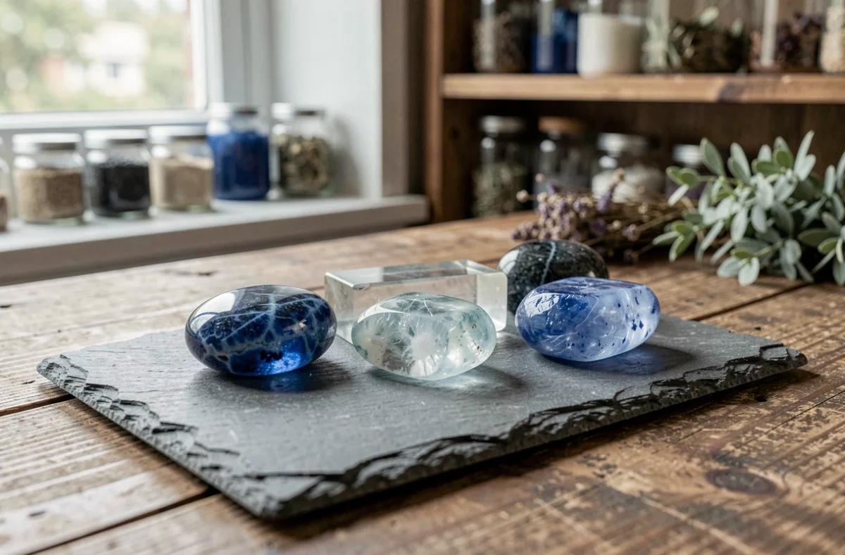 Pierre bleue sodalite aigue-marine et calcite bleue sur ardoise représentant les cristaux de guérison contre la peur