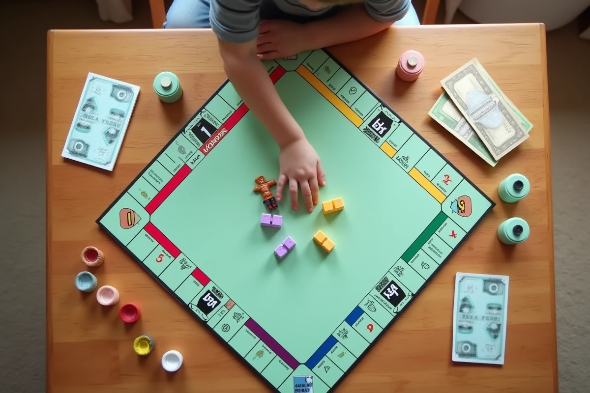 Vue aérienne d'un plateau de Monopoly Junior en cours de partie avec pions et billets