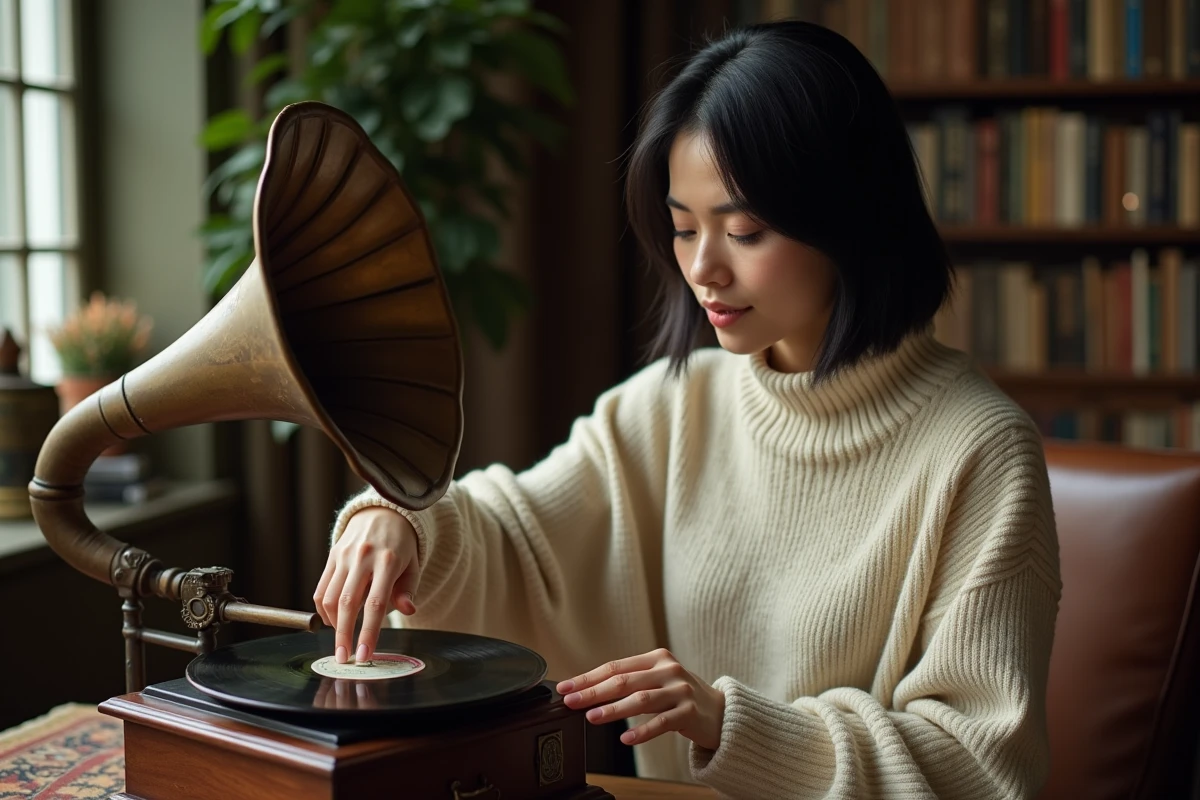 Femme posant délicatement un disque 78 tours sur un gramophone ancien dans un bureau chaleureux