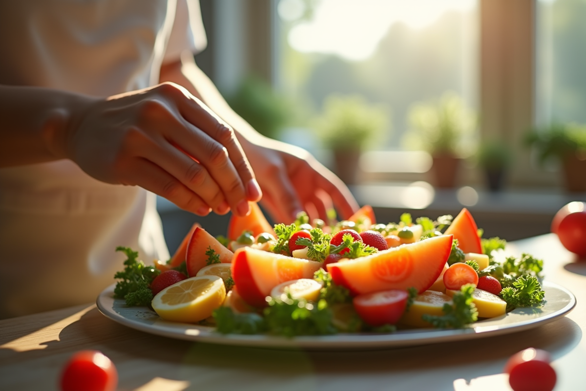 Mains ajoutant des tranches de fruits dans une salade colorée en cuisine