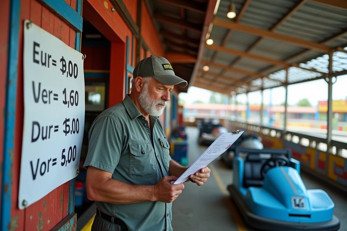 Gérant d'attraction foraine consultant la liste des prix et les coûts d'entretien d'autos tamponneuses