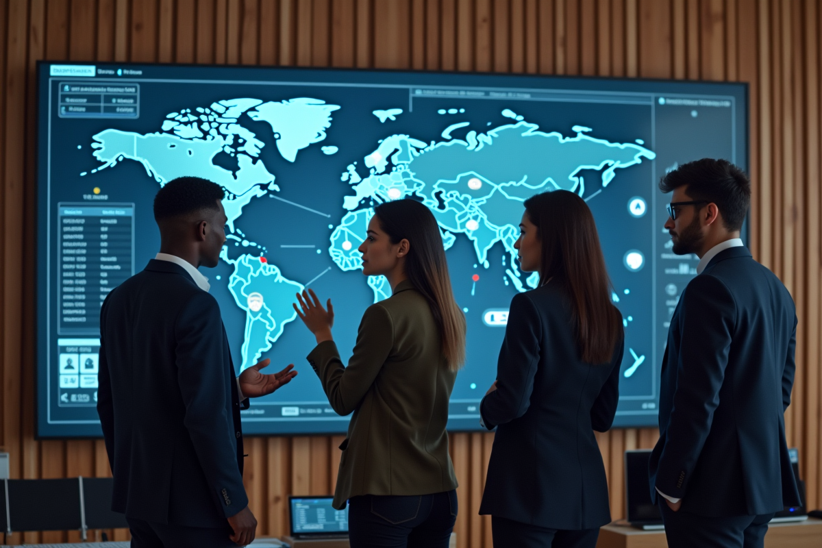 Groupe de jeunes professionnels financiers collaborant devant un écran interactif