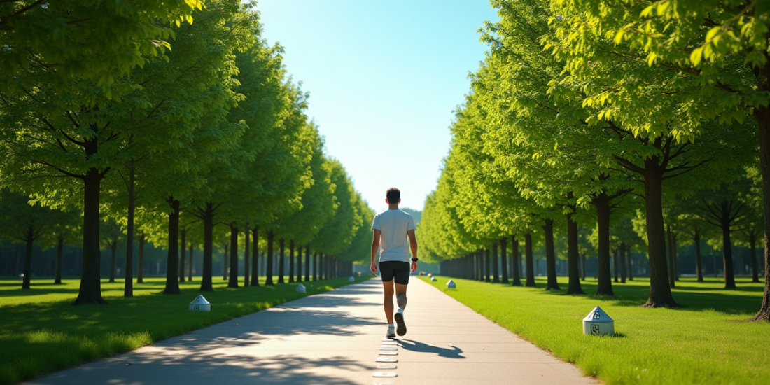 Personne marchant dans un parc ensoleille avec smartwatch