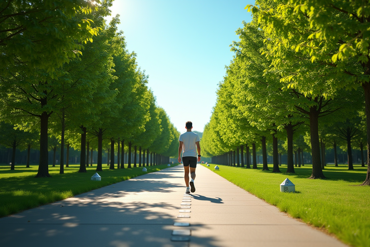 Personne marchant dans un parc ensoleille avec smartwatch