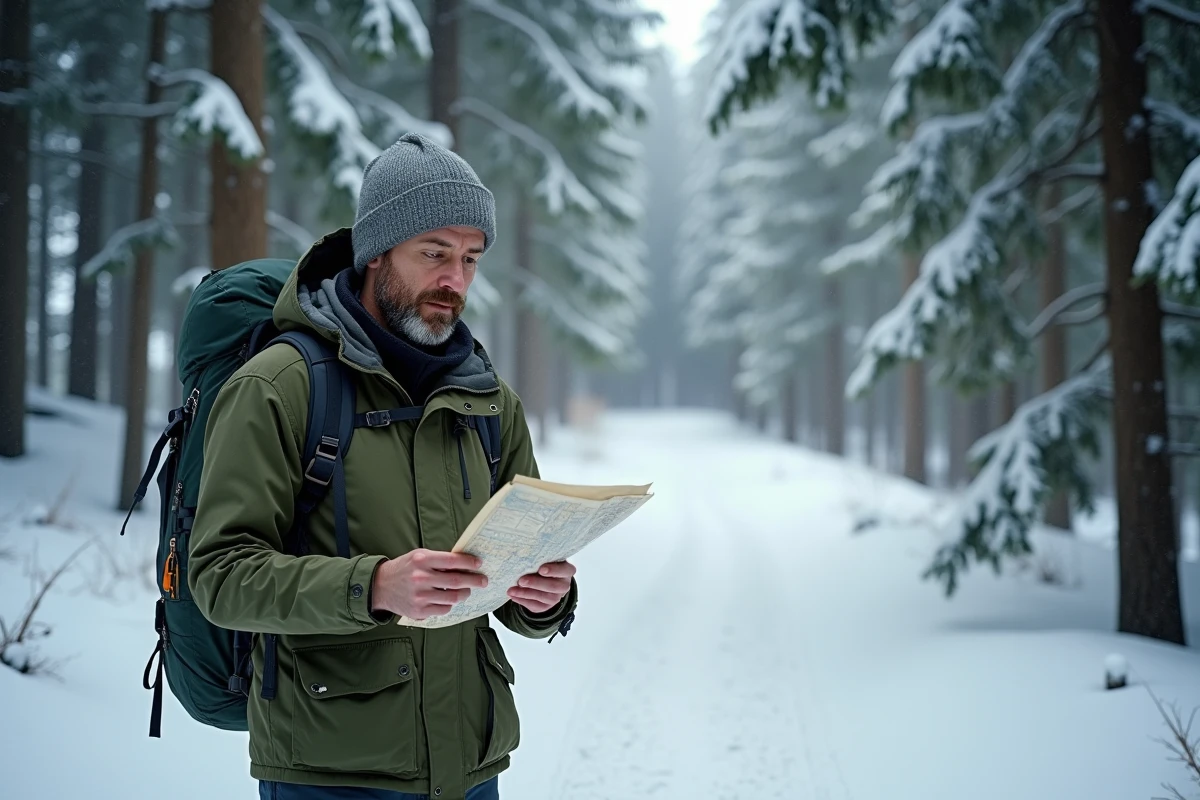 Randonneur consultant une carte sur un sentier enneigé dans une forêt de sapins des Pyrénées en hiver