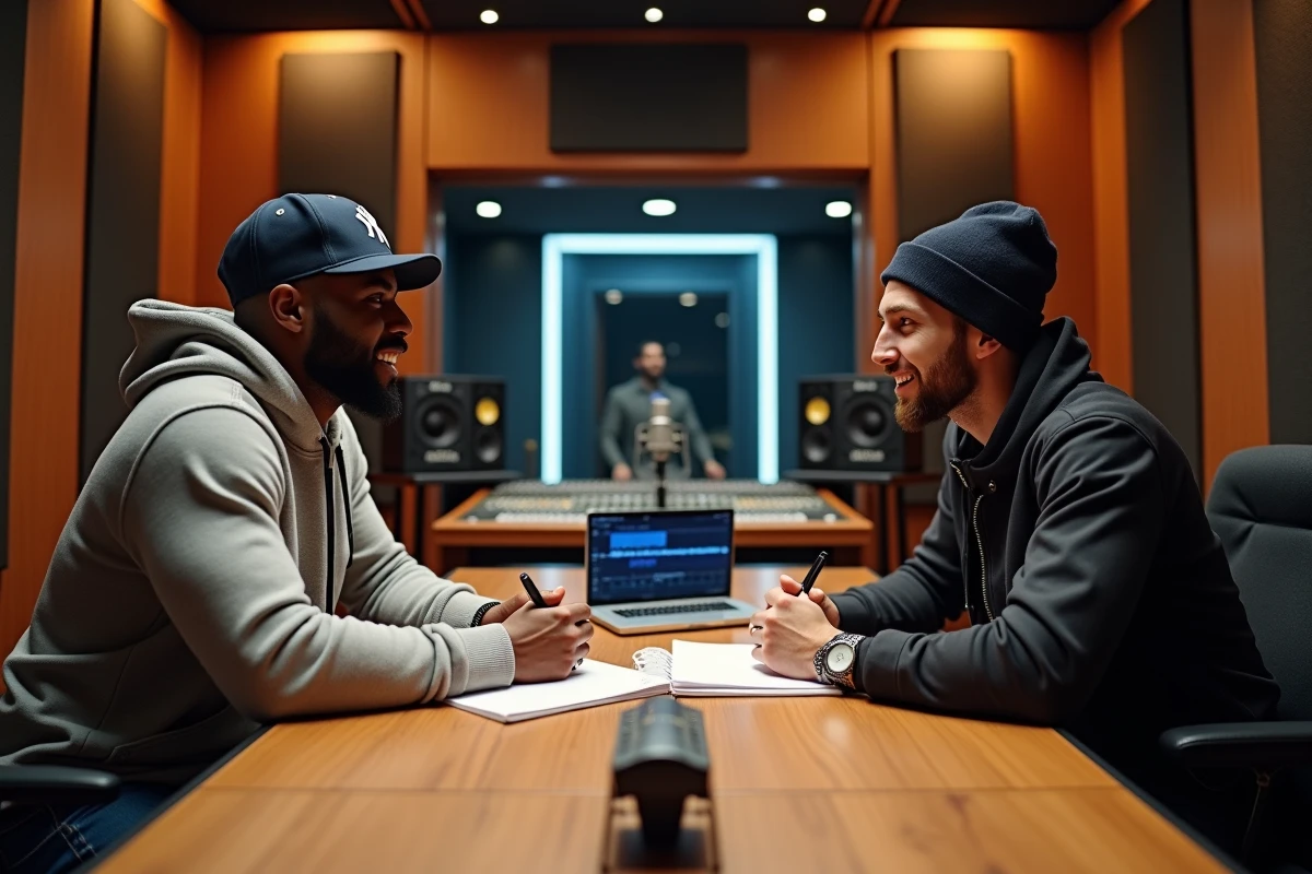 Un rappeur américain et un rappeur français collaborant ensemble dans un studio d'enregistrement professionnel, comparant leurs styles musicaux