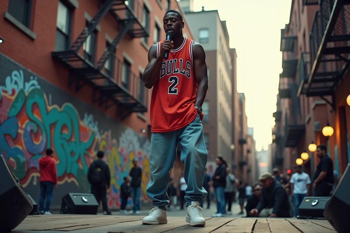 Rappeur américain en pleine performance sur une scène urbaine de New York, microphone à la main, devant des graffitis colorés