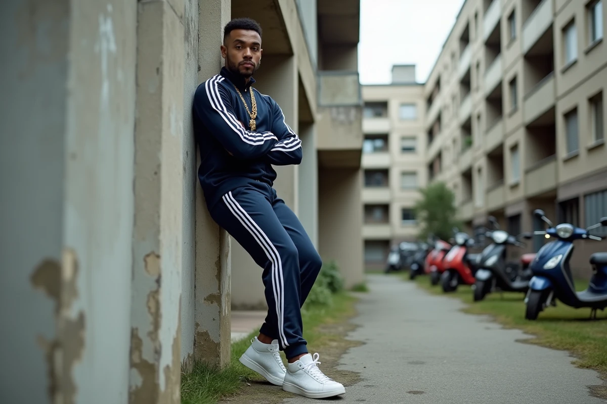 Rappeur français en survêtement adossé à un pilier en béton dans une cité de banlieue parisienne, regard direct vers l'objectif