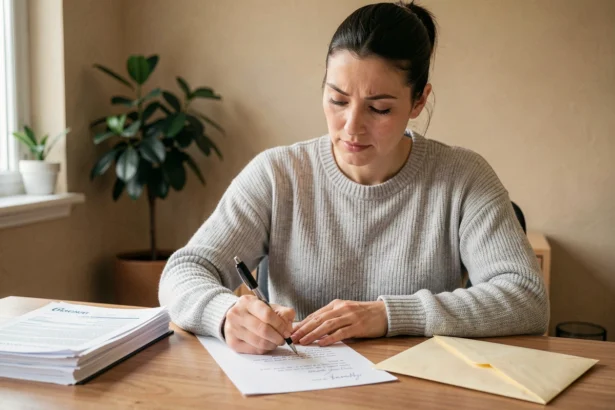 Femme rédigeant une lettre de résiliation d'assurance habitation à son bureau à domicile