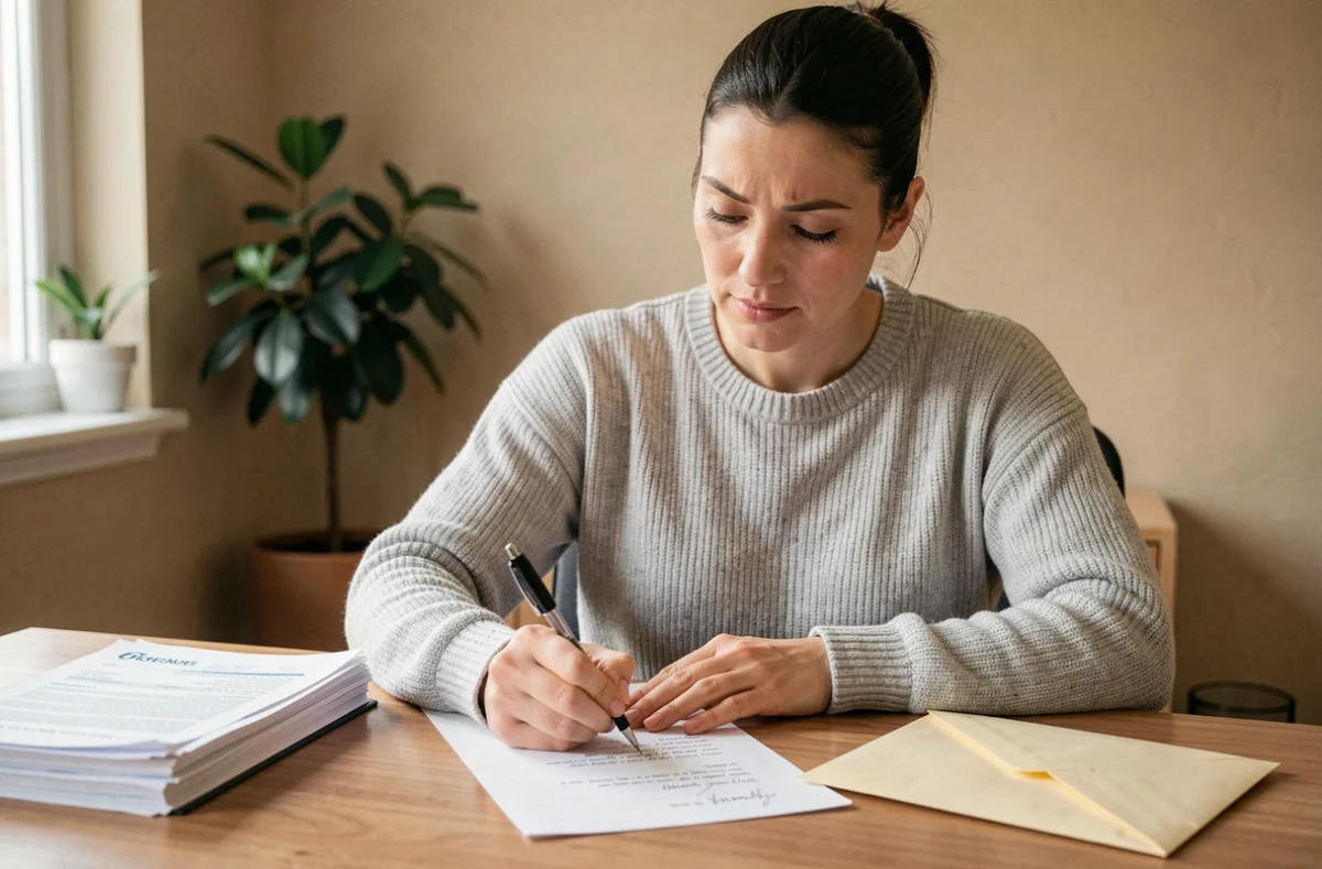 Femme rédigeant une lettre de résiliation d'assurance habitation à son bureau à domicile