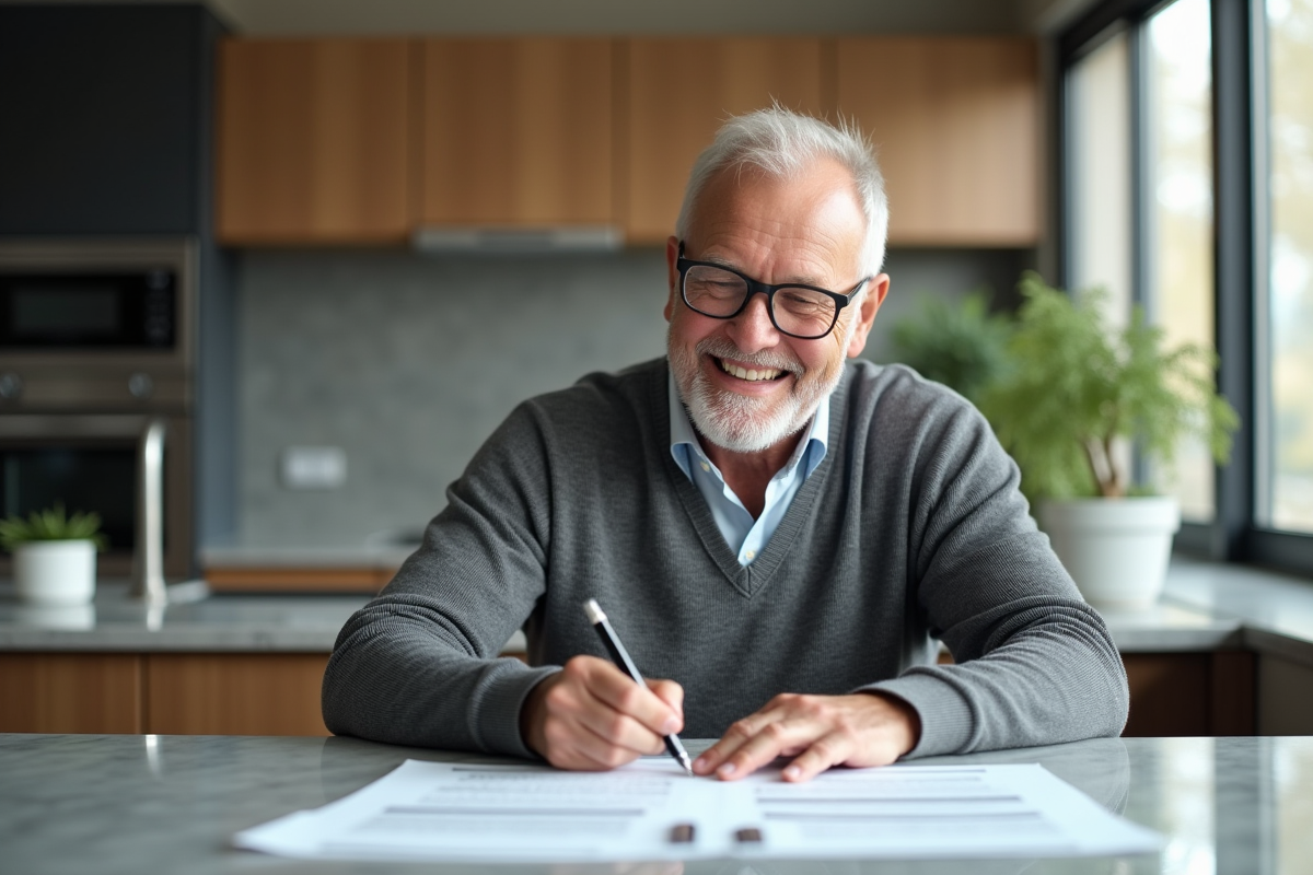 Homme retraité souriant examine des documents fiscaux