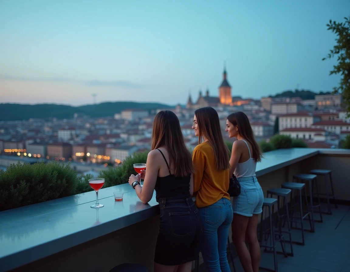 Groupe d'amis sur un rooftop bar de Lyon avec vue panoramique sur la basilique de Fourvière au crépuscule